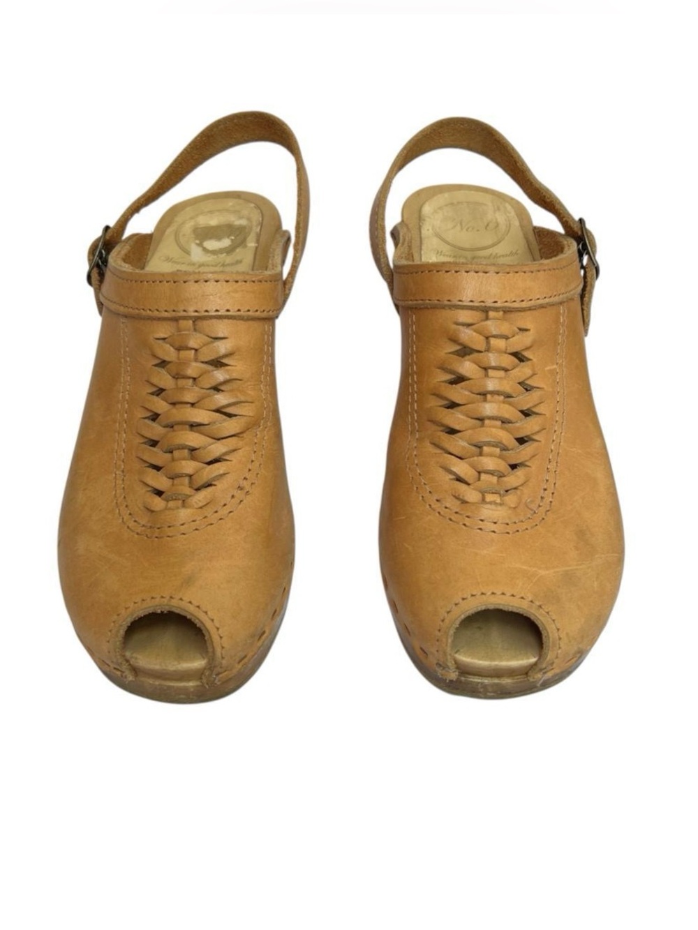No.6 Tan Leather Peep Toe Wooden Platform Clogs, Size 38